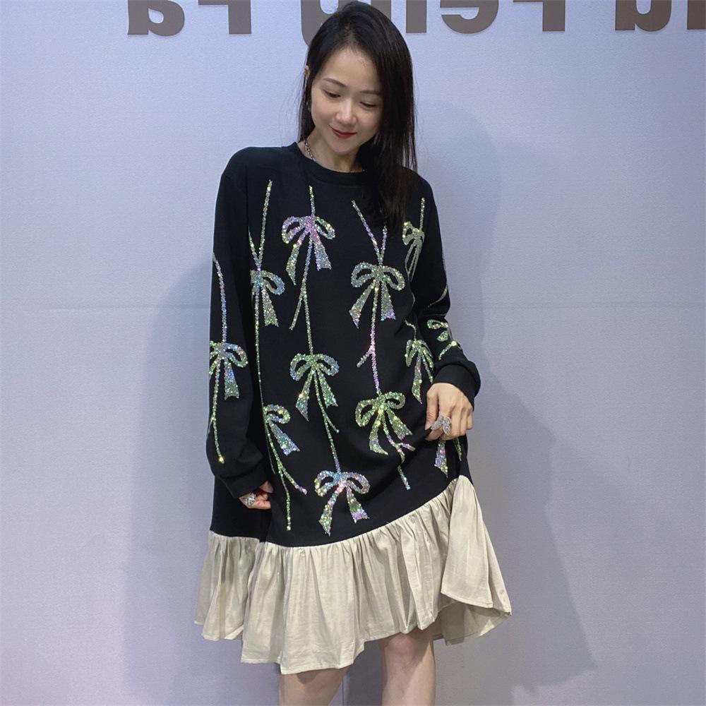 

Autumn and Winter Plate-size Women s Dress with A Round-neck Color-blocking Patchwork Bow and Diamond Long-sleeved Dress one size чёрный