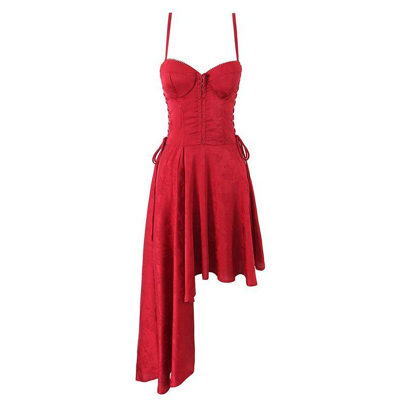 

Day and Night Flower House Same Style French style Romantic Jacquard Sexy Waist Strap Irregular Sling Dress Red Asymmetrical (hairline) L