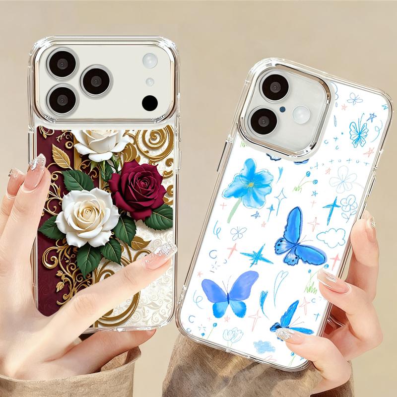 Oil Painting Flower Case For iPhone 17 Pro Max iPhone 16 15 14 13 Pro Max 11 17e 16e Plating Lens Frame Clear Soft Silicone Back Cover