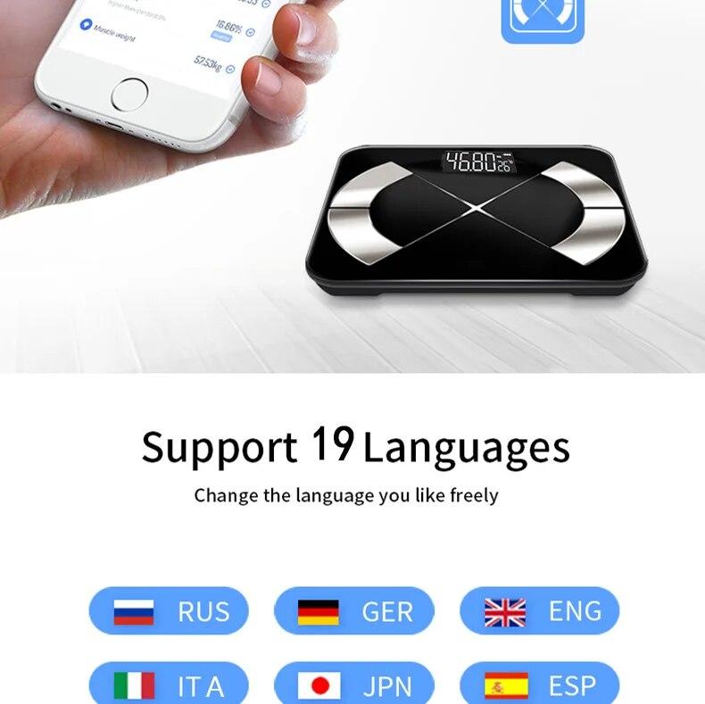 Váha tělesného tuku Chytrá bezdrátová digitální váha do koupelny Analyzátor složení těla s aplikací pro chytré telefony kompatibilní s Bluetooth