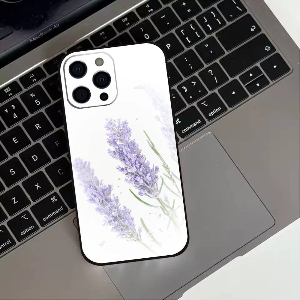 Lavender Purple Flowers Phone Case For iPhone 17,16,15,14,13,12,11 Plus,Pro Max,XS,Soft Silicone Black Cover