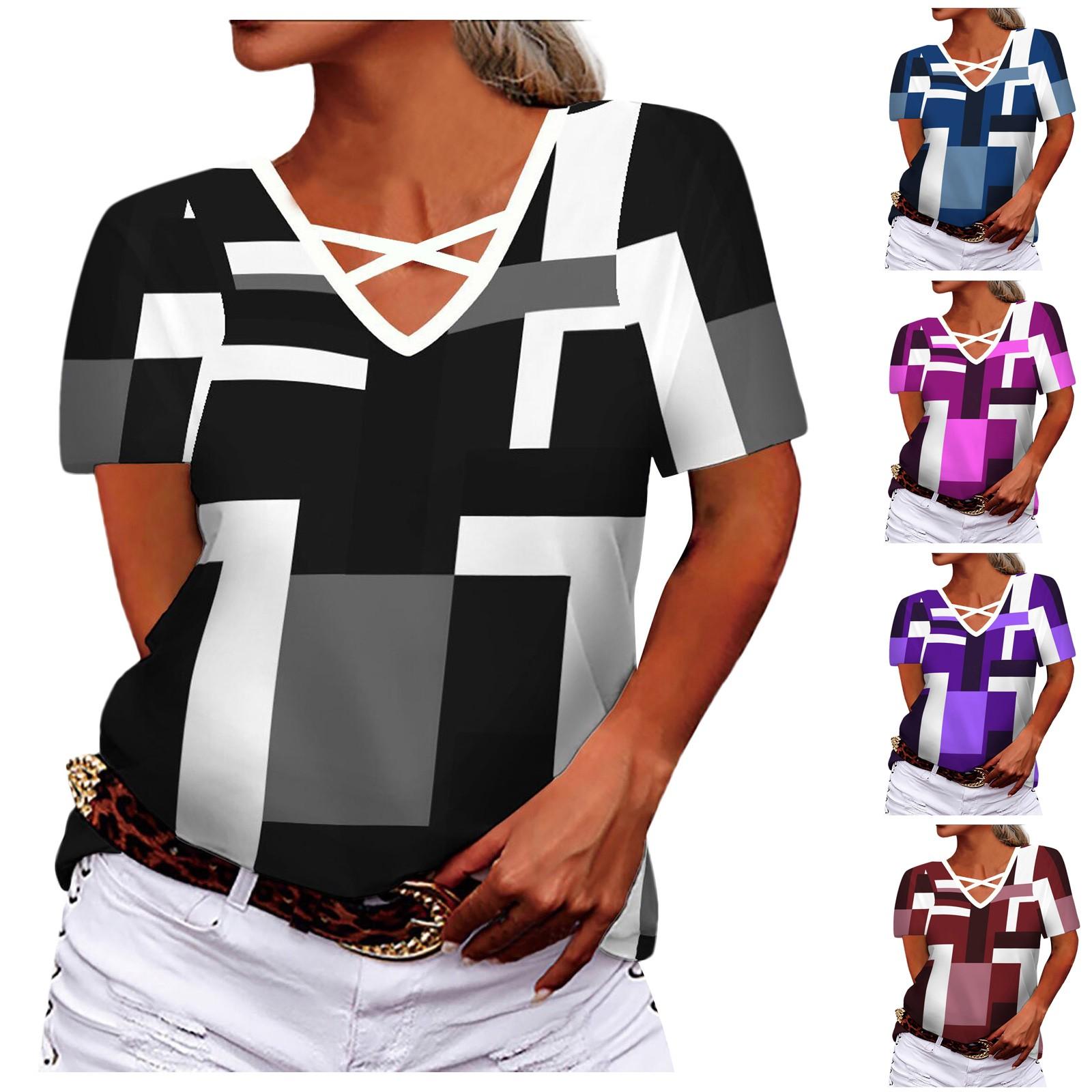 

Женская свободная модная свободная футболка с v-образным вырезом и геометрическим принтом, удобная мягкая футболка с короткими рукавами, повседневный топ