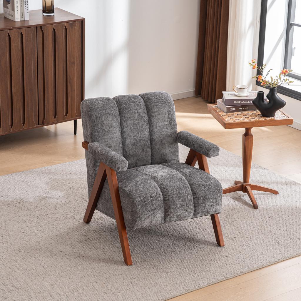 Bouclé Accent Seating with Wooden Frame, Armchair for Living Room, Bedroom, Grey