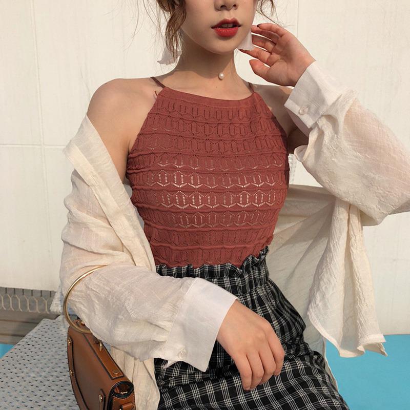 

Женский пуловер без рукавов с круглым вырезом, ажурная вязаная майка кирпич красный