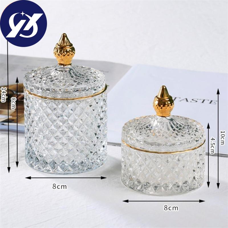 European Retro Glass Jar with Lid Transparent Gold Jewelry Cotton Swab Storage Box Tea Candy Tank Sugar Bowl Makeup Brush Holder