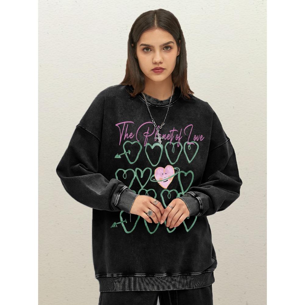 The Planet Of Love Creative Heart Prints Women Washed Sweatshirt Y2K Loose Sportswear Clothes Casual Cotton Pullovers