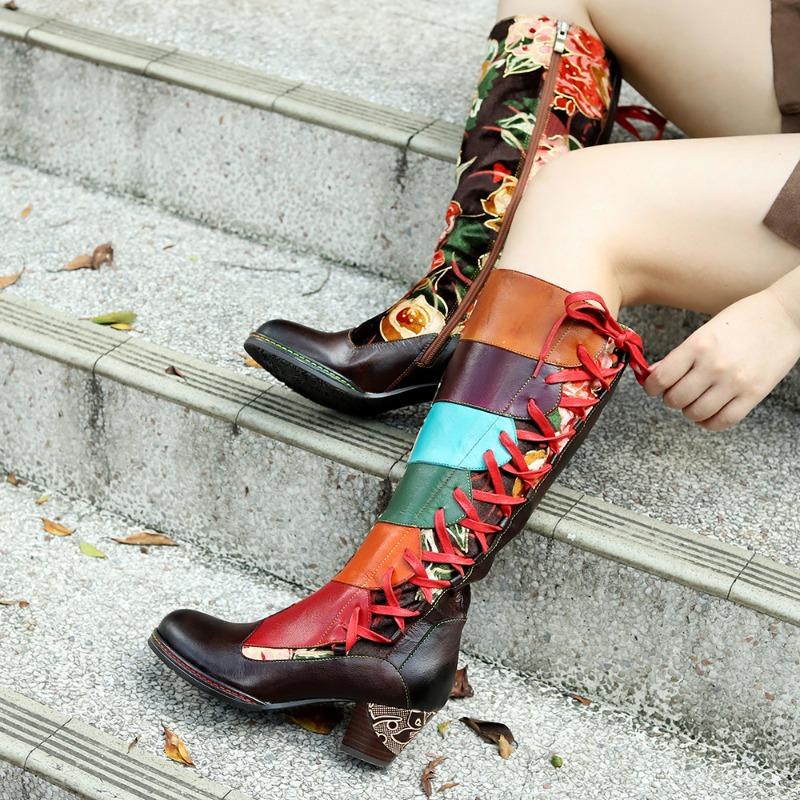 Autumn and Winter New Hand-polished Leather Printing Color Splicing Lace-up Thick Heel High Heel Boots