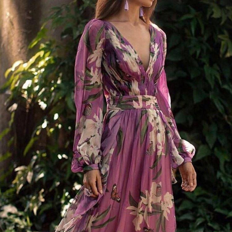 Winter, Europe And The United States New Women'S V-Neck Long-Sleeved Printed Pendulum Dress