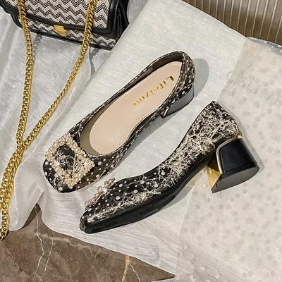 Zapatos de mujer con tacón medio grueso y perlado, punta cuadrada, informales, grandes, para otoño, 2024