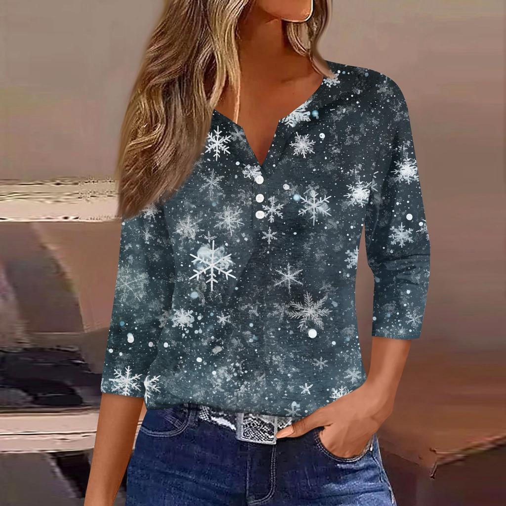 Women's T Shirt Tee Print Button 3/4 Sleeve Daily Weekend Fashion Basic V- Neck Regular Top