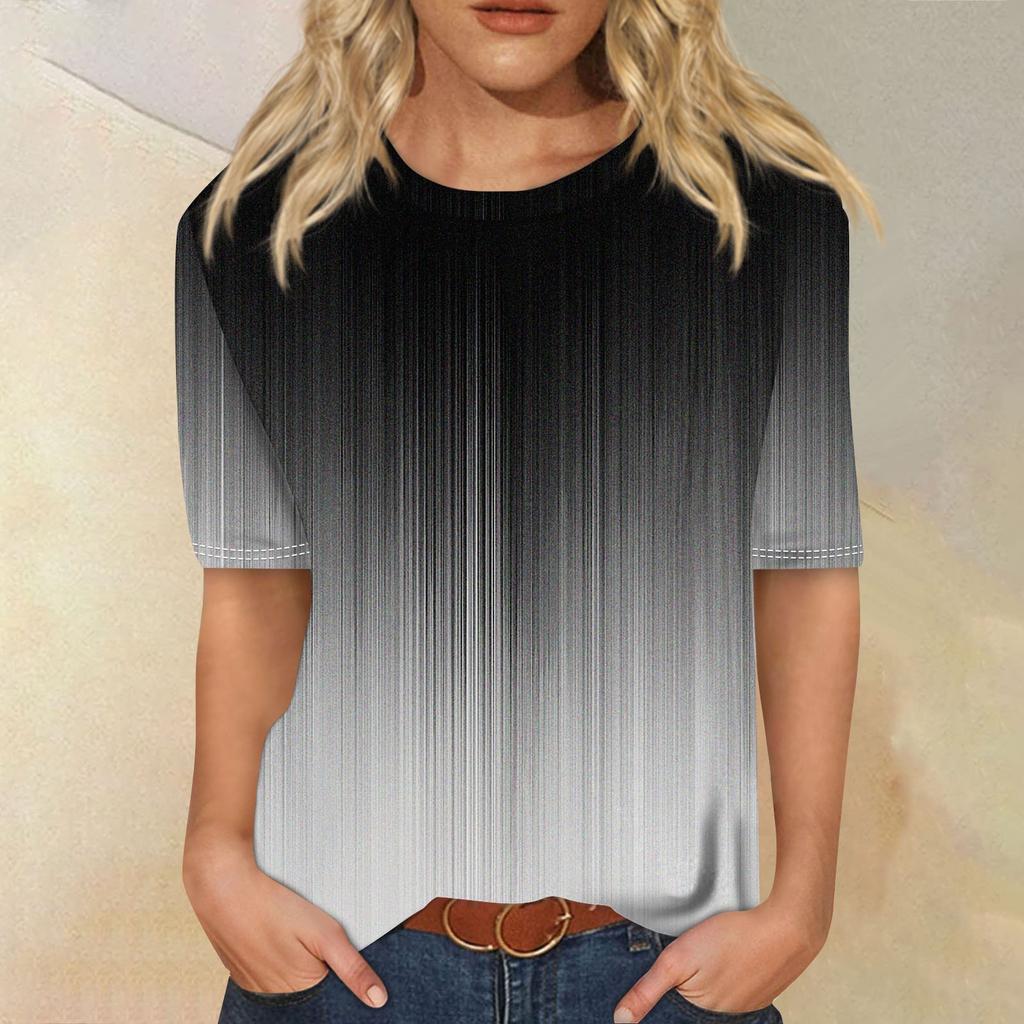 Modisches, lässiges Top mit drei halben Ärmeln und abgestuftem Druck für Damen mit Rundhalsausschnitt