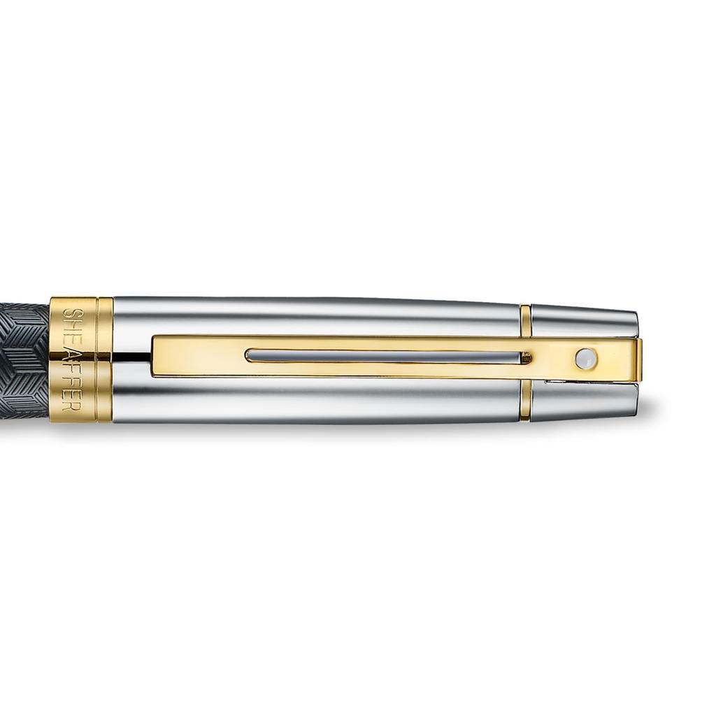 Sheaffer 300 Fountain Pen E9347 Engraved Matte Black Barrel with Polished Chrome Cap and PVD Gold Trim Fine Nib Premium Fountain Pen