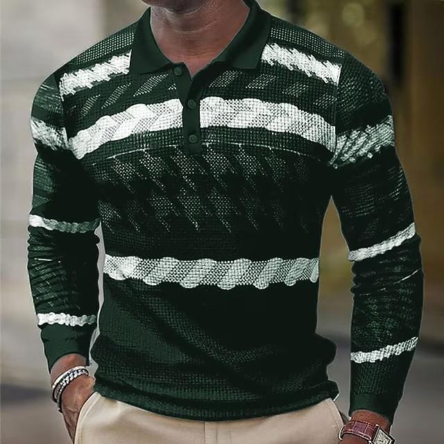 Festive snowflake print long sleeve polo, stylish casual top for holiday vibes