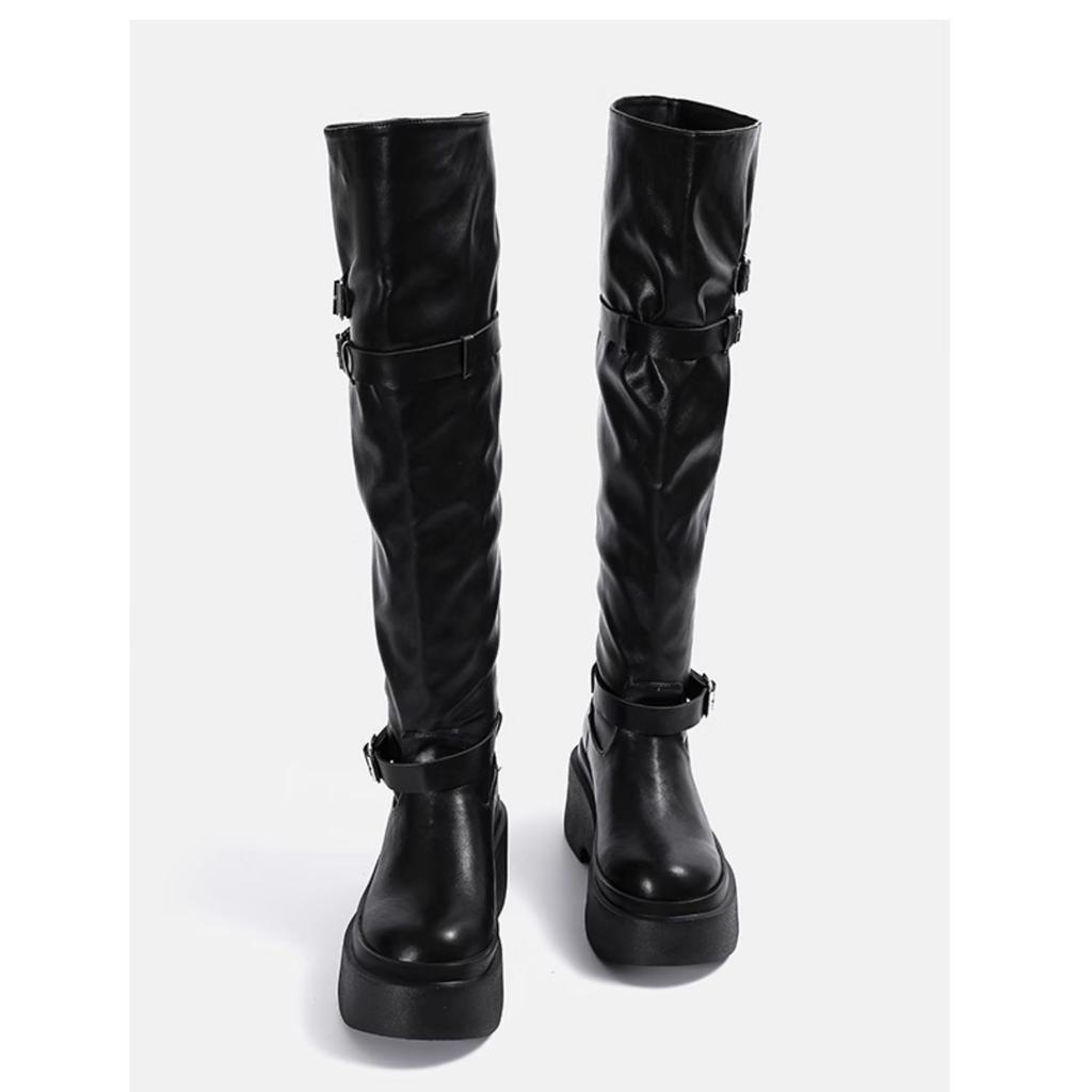 Retro round head thick-soled over-the-knee boots for women 2025 new large tube circumference pleated high boots belt buckle fashion boots for women