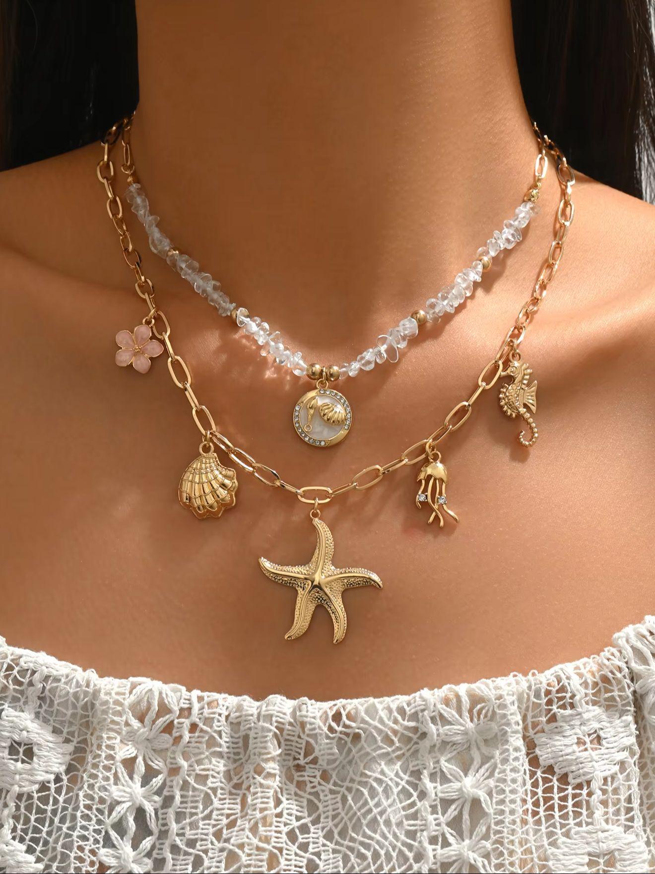 2Pcs Layered Gold Paperclip Chain Necklace Set Starfish Shell Seahorse Pendant Boho Summer Beach Jewelry for Women