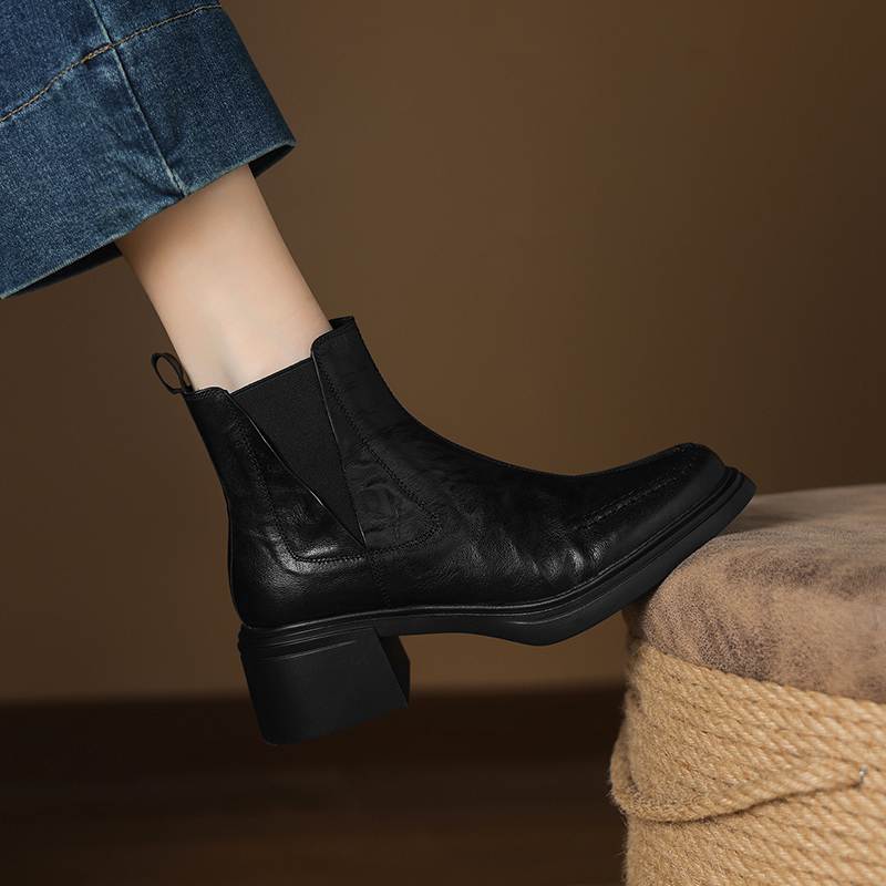Krazing Pot Sheepskin Round Toe Thick Heels Chelsea Boots Size 42 High Quality Women Keep Warm Ankle Boots