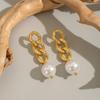 Classic French Style Imitation Pearl Drop Earrings for Women Vintage Gold Color Cuban Chain Stainless Steel Daily Wear Jewelry