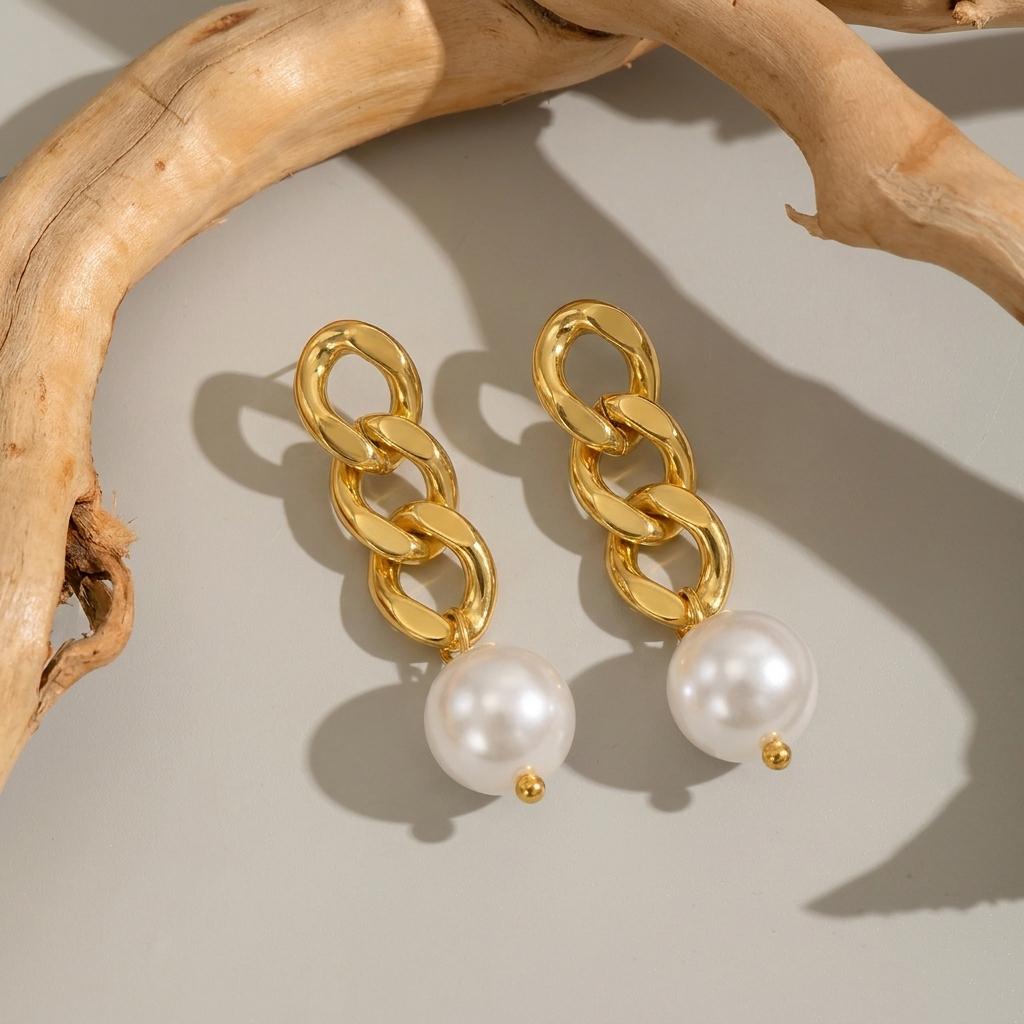 Classic French Style Imitation Pearl Drop Earrings for Women Vintage Gold Color Cuban Chain Stainless Steel Daily Wear Jewelry