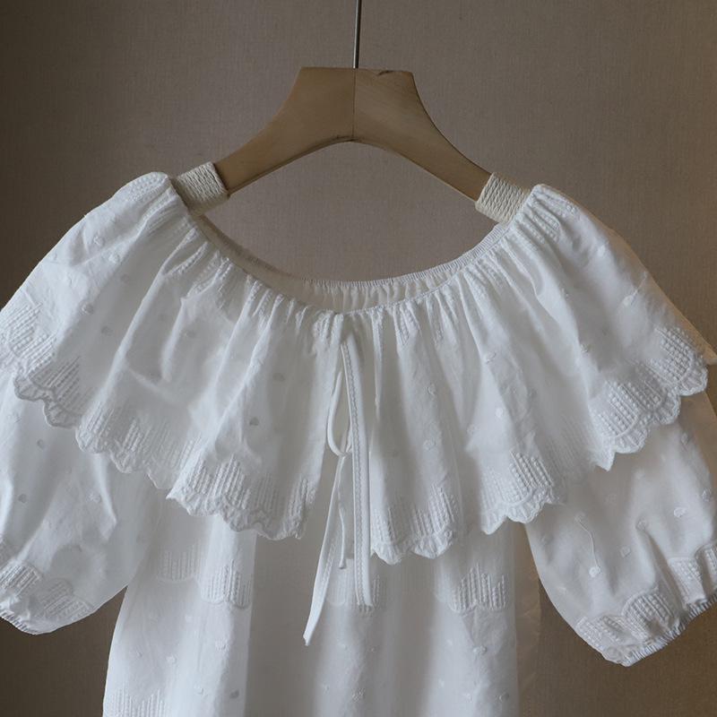 2025 Summer Korean Sweet Ruffle Tie-Up Bubble Sleeve Women's Top