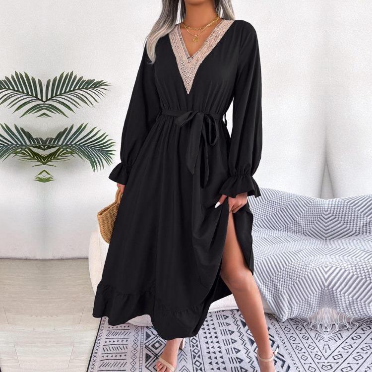 Women Summer Lace Up V Neck High Waist A Line Dress Solid Color Ruffle Edge Spring Fashion