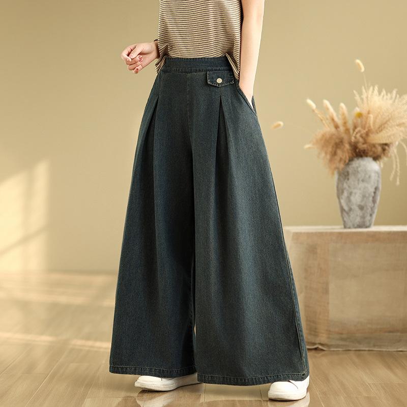 

Джинсы из синего денима в винтажном стиле, однотонные, с высокой талией, повседневные, с широкими штанинами, женские, на каждый день, женские повседневные брюки для лета XL темно-синий