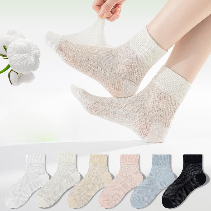 Pure Cotton Women's Summer Thin Mesh Sweat-absorbing, Breathable, Antibacterial and Deodorizing All-cotton Mid-calf Socks