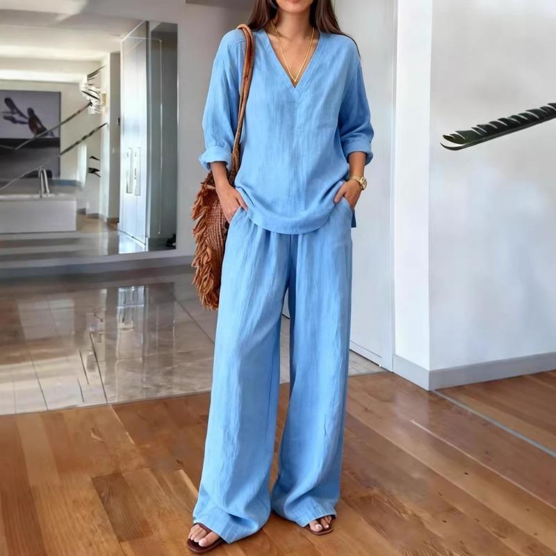 Women's Linen 2 Piece Outfit V Neck Blouse Wide Leg Pants Set