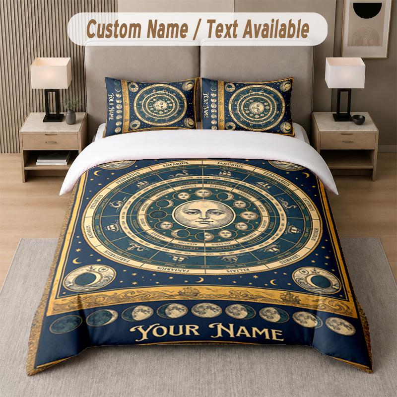 Set de lenjerie de pat cu tematică spațială cosmică, text sau nume personalizat, 3 piese: 1 cearșaf plat și 2 fețe de pernă, lenjerie de pat personalizată pentru casă