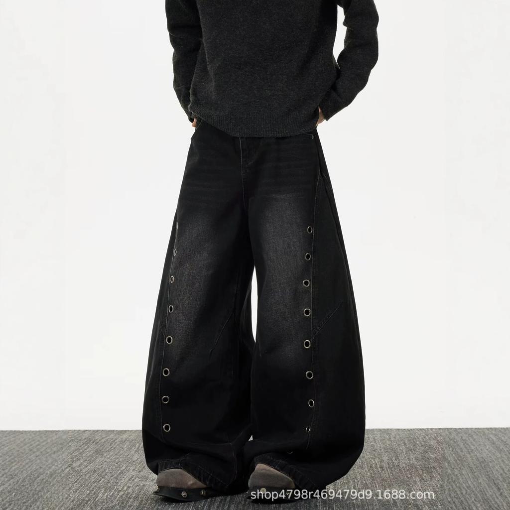 American design button scimitar jeans new loose straight drape thin casual pants black spot