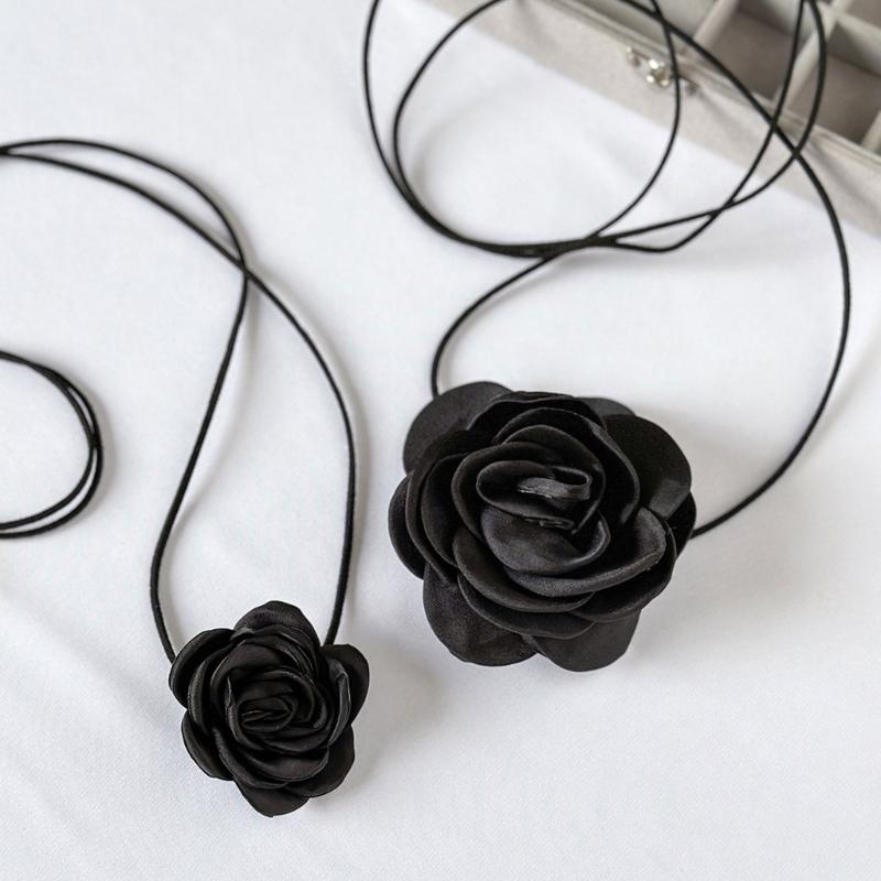 Y2K Adjustable Rope Necklaces with Big/Small Rose Pendant Charm, Fashionable Gothic Clavicle Chain Trendy Neckwear Gift
