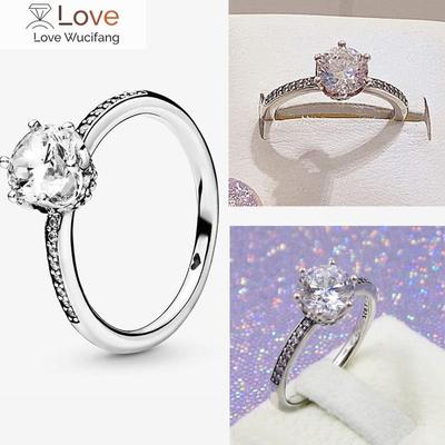 Original Fine Silver Clear Sparkling Crown Solitaire Ring Women Elegant Jewelry Birthday Anniversary Gift