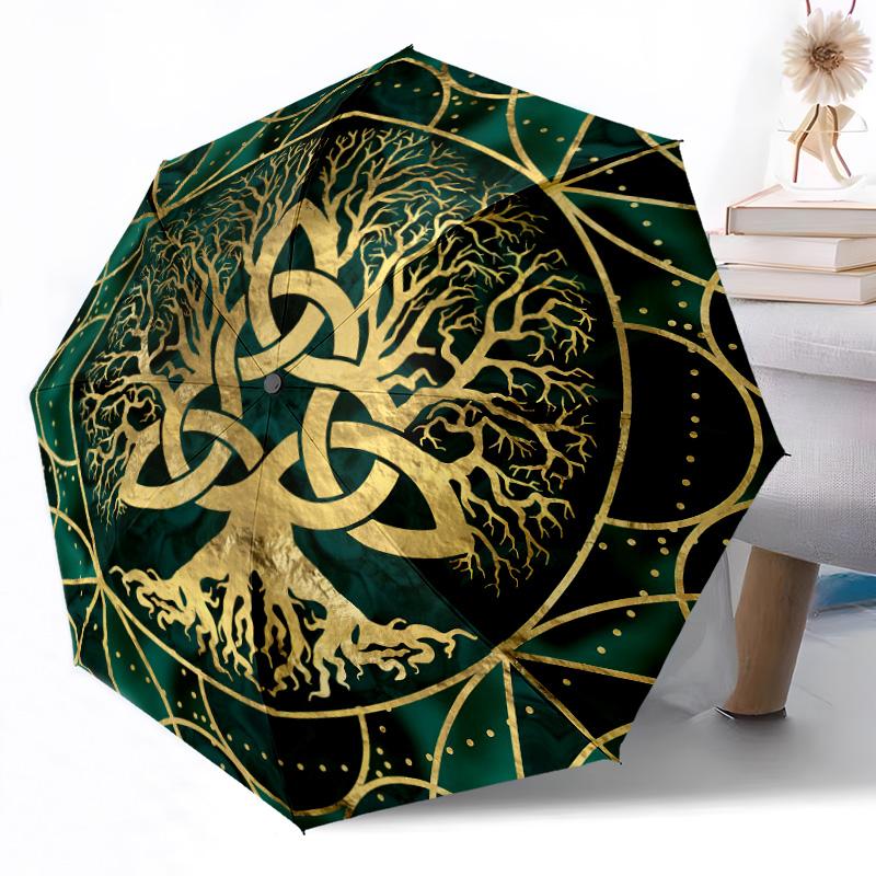 Goldener Baum des Lebens Automatischer Outdoor-Regenschirm Einziebares Design mit 8 Rippen Langlebig Leicht Perfektes Geschenk für Freunde Familie