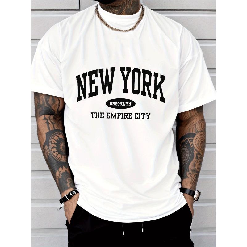 

European sizes Men S Casual Trendy New York Brooklyn The Empire City Letter Print T-Shirt | Regular Fit, Crew Neck, Short Sleeve 4XL білий