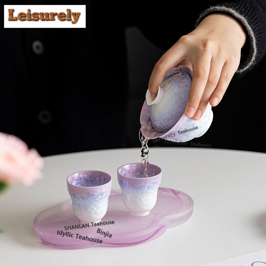 181ml Kiln Change Crystal Glaze Flower Mouth Gaiwan Handmade Tea Tureen Tea Bowl with Lid Kit Tea Maker Cover Bowl Tea Items