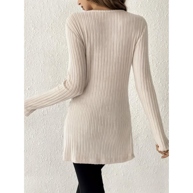 Women's Elegant Long-sleeve Striped Knit Top with V-neck T-shirt
