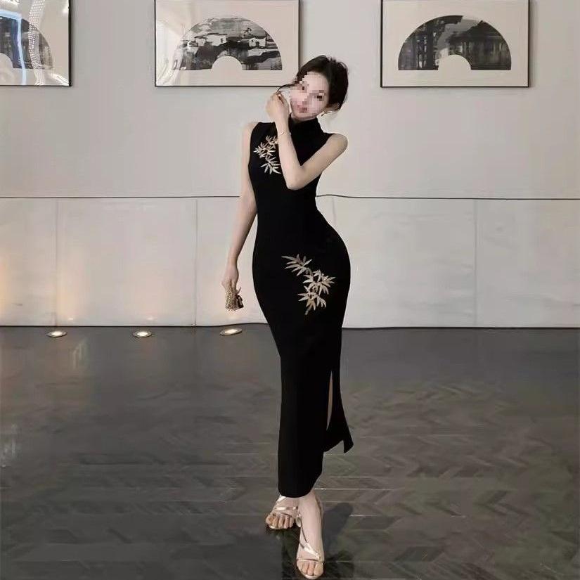 New Chinese national style improved cheongsam temperament celebrity royal sister feeling dress skirt waist slim embroidery hip wrap dress