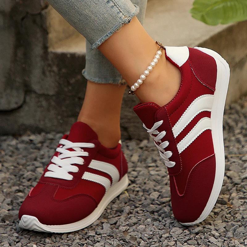 Fashion Women's Fashion White Striped Breathable Sneakers Lightweight Non Slip Sports Shoes for Women Red Green Lace Up Casual Sneakers