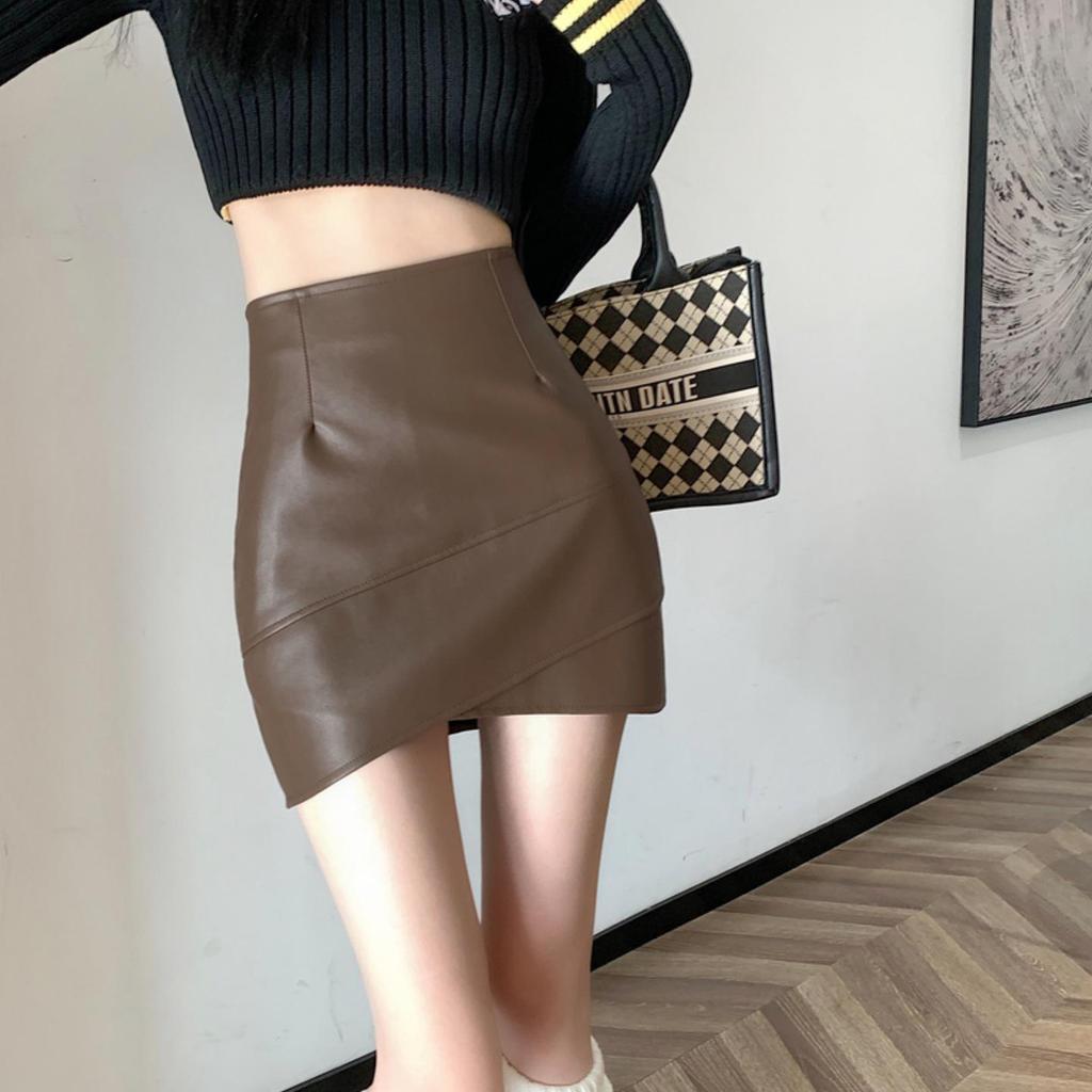 Brown Leather High-Waist Irregular Half Skirt for Women - Chic, Hip-Hugging, Coffee Color, Perfect for Spring & Autumn 2026.