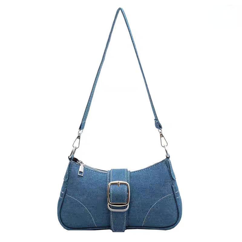 Retro Denim Canvas Bag Bag Women S Fashion Shoulder Versatile Chain Underarm Baguette Bag светло-синий