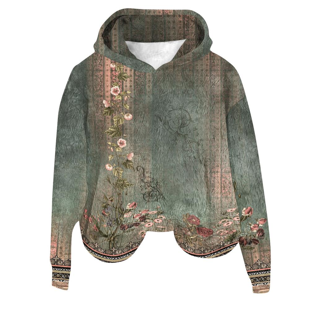 Women's Hooded Long Sleeve Printed Flannel Top Hooded Sweatshirt