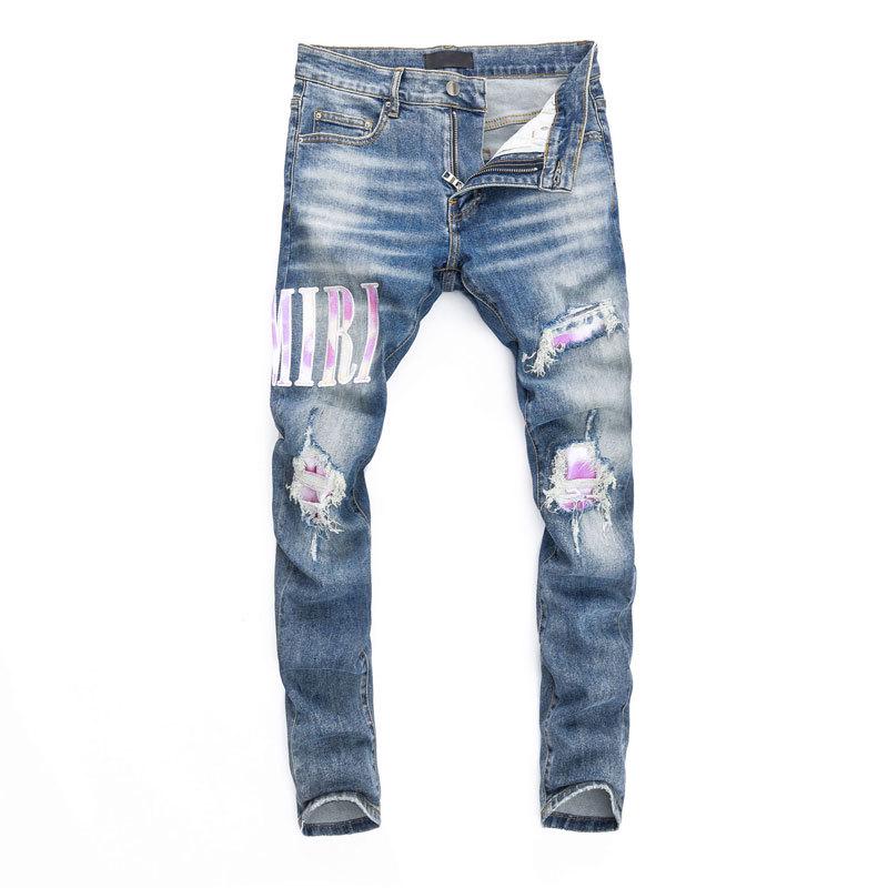 Men's Light Blue Ripped Patch Slim Fit Jeans - Hip Hop Style, Slightly Elastic, European & American High-Street Fashion