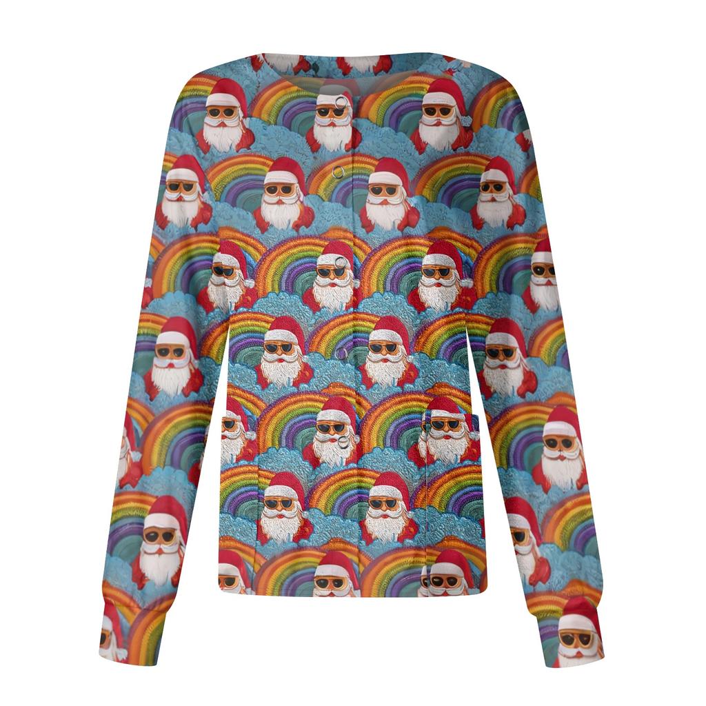 Women's Christmas-printed Casual Long-sleeved Single-breasted Work Uniform Cardigan