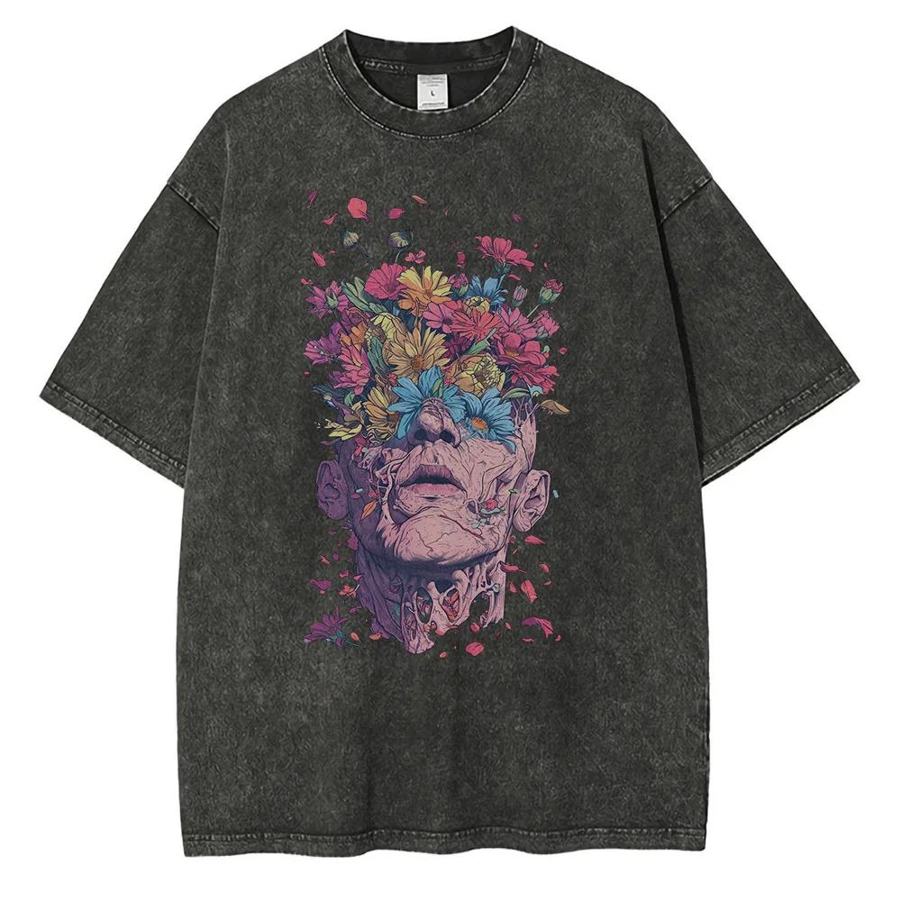 T-shirt with a Pattern of Flowers Sprouting from Human Eyes and Head, Vintage Van Gogh Style Men's Top
