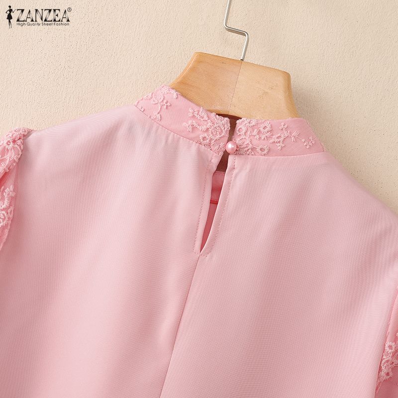 ZANZEA Women Stand Collar Loose Casual Lace Patchwork Short Sleeve Blouse