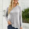 European and American Women's Clothing Round Neck Loose Casual Pullover Pocket T -shirt Lace Stitching Top