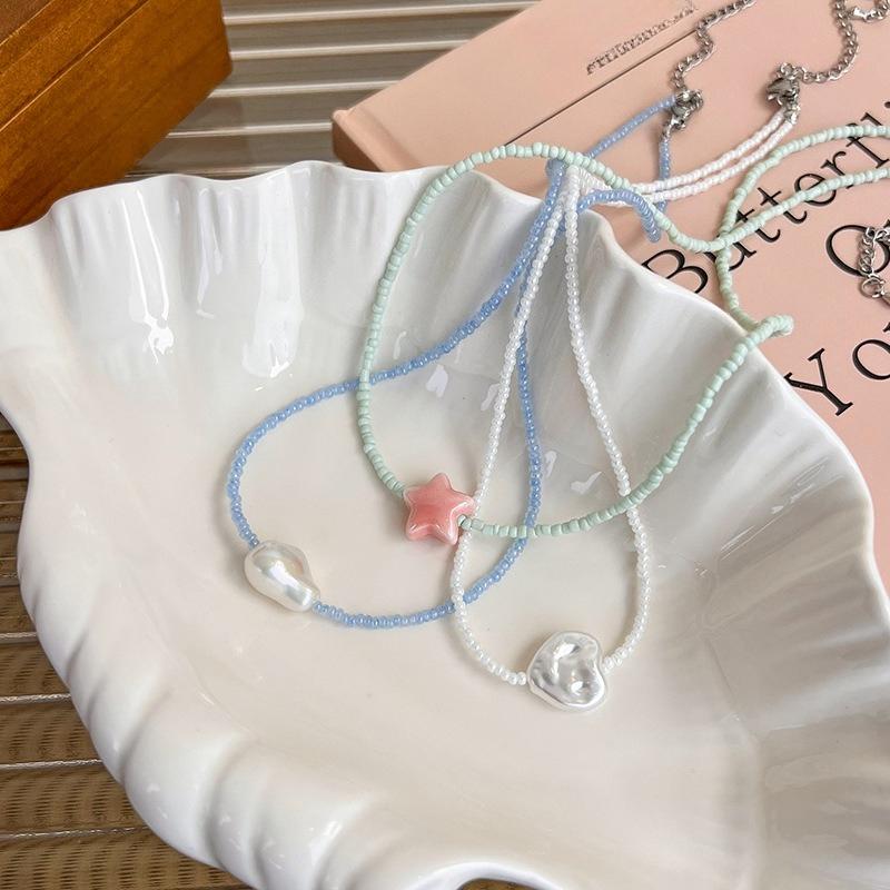 Cute Fashion Colored Resin Beaded Five-pointed Star Baroque Imitation Pearl Heart Pendant Adjustable Necklace for Women Jewelry