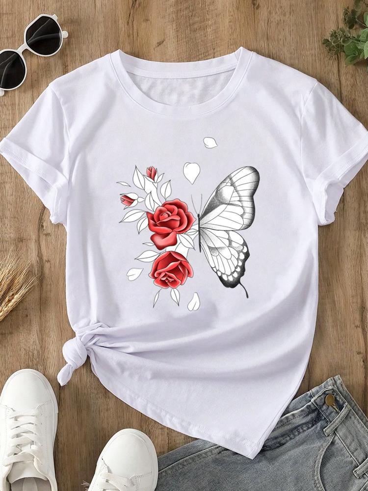 (Asian Size) O-neck Women's Top T Clothing Print Short Sleeve T-shirts Lovely Flower Trend Cute Fashion Female Casual Graphic Tee