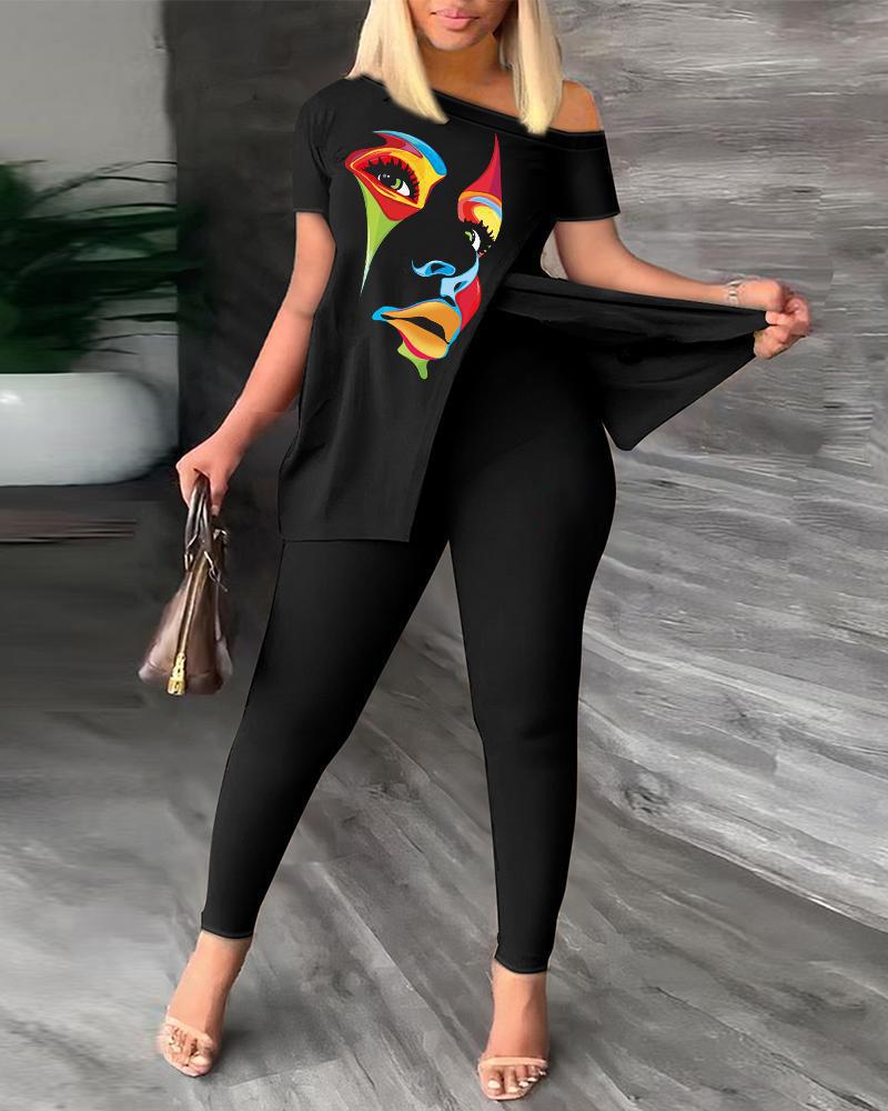 

Женский осенний комплект из двух предметов с асимметричным вырезом горловины и длинными брюками, с модным принтом 2XL