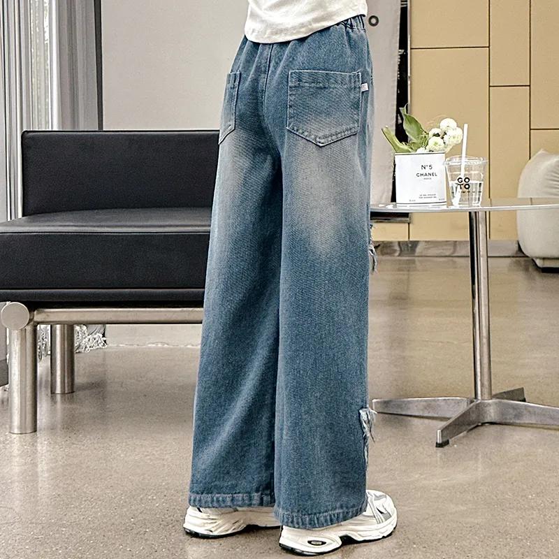 Teens School Children Trousers Spring Star Design Casual Loose Jeans for Girl Elastic Waist Fashion Kids Straight Pants