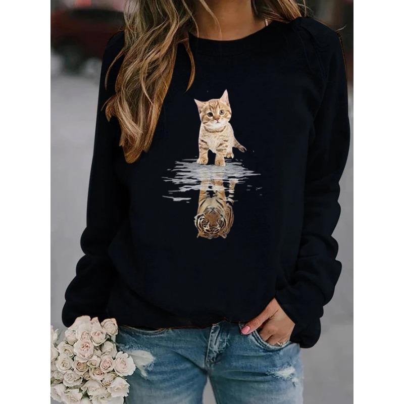 Kitten animal European and American printed round neck loose casual long sleeved shirt XS